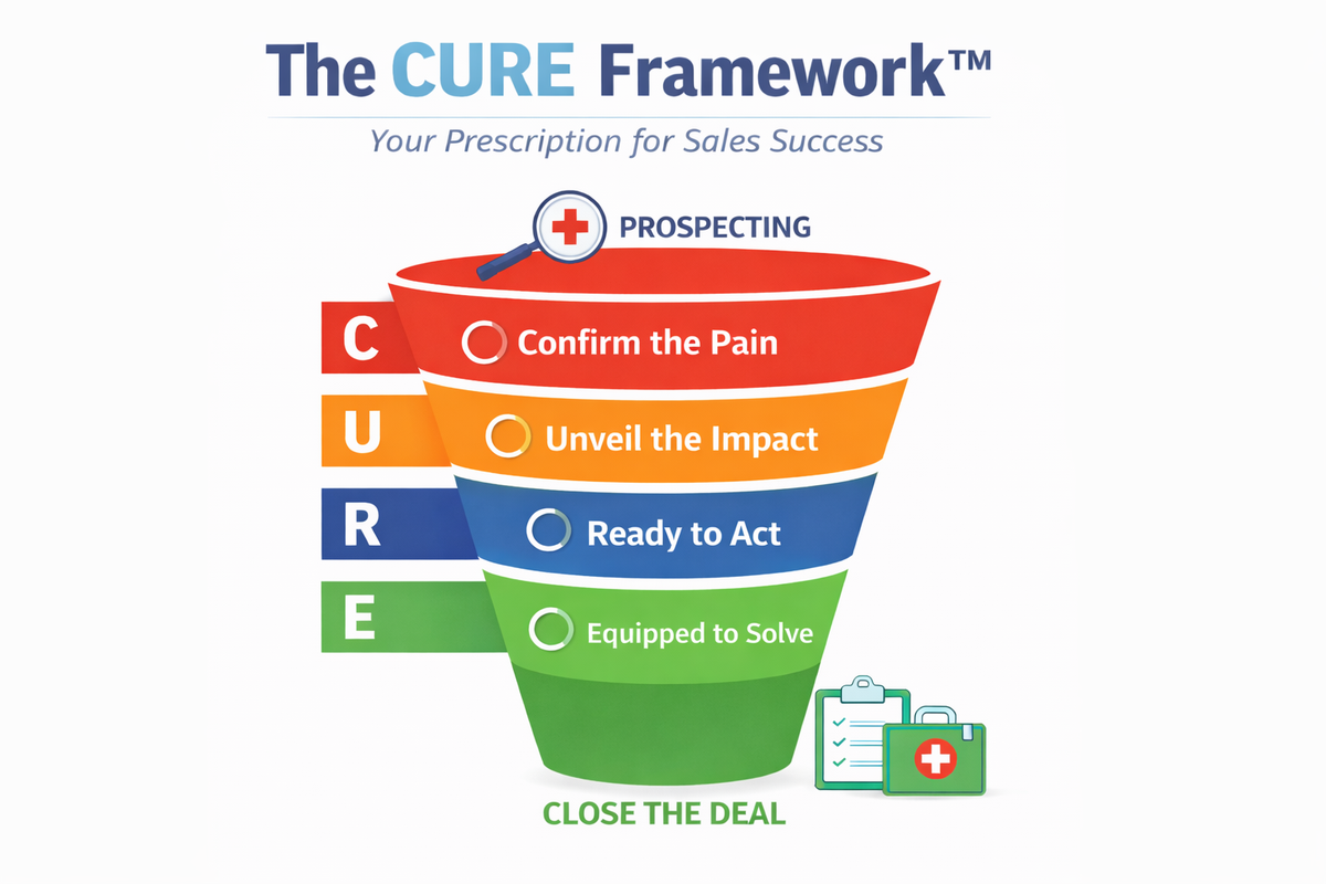The CURE Framework — Confirm the Pain, Unveil the Impact, Ready to Act, Equipped to Solve. A funnel from Prospecting to Close the Deal.